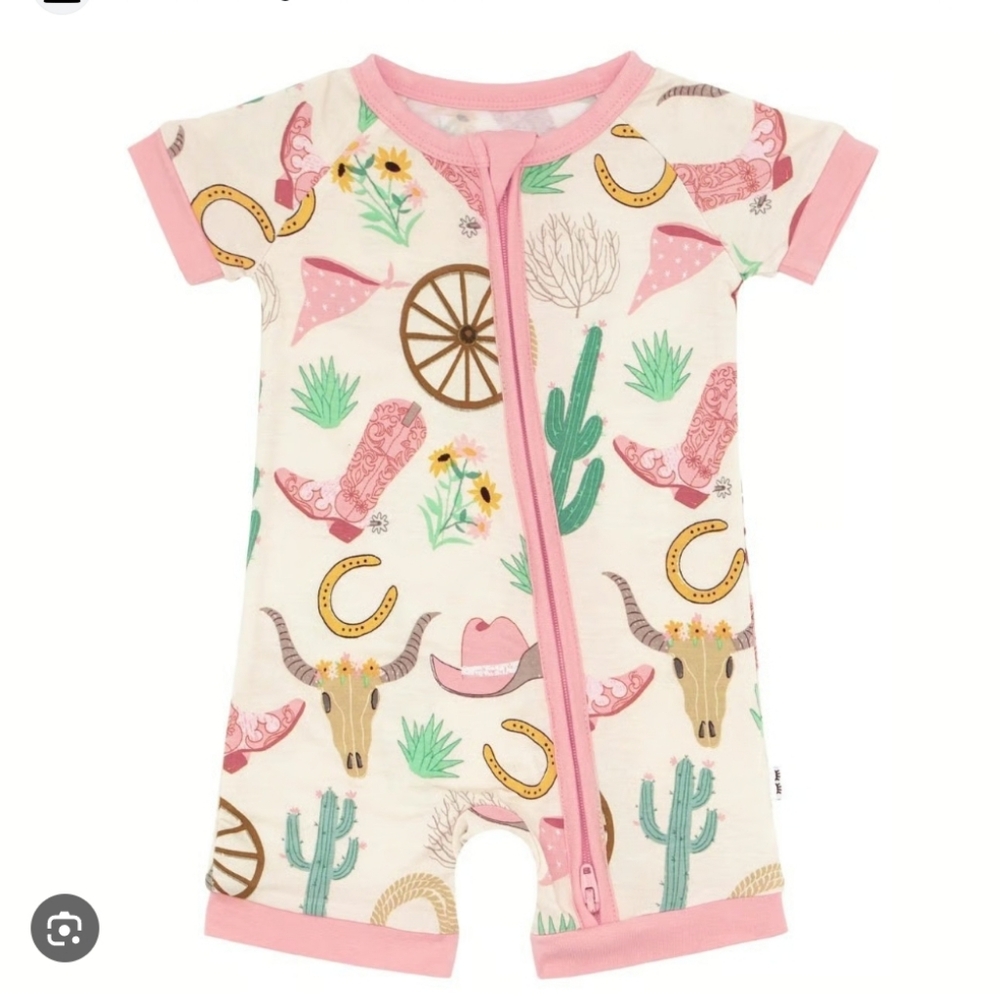 Cowboy Print Baby Onesie with Pink Trim